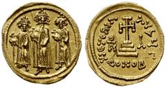 BYZANTINE COINS; Byzantine Empire - Heraclius, Heraclius Constantine and Heraclonas 638-641. solidus 637-638, Konstantynopol; Aw: Trzej panujący stojący na wprost trzymający jabłka królewskie; Rw: Krz