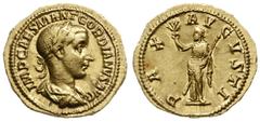 ANCIENT COINS; Roman Imperium - Gordian III. 238-244. aureus, 238-239, Rzym; Aw: Popiersie cesarza w wieńcu laurowym w prawo, IMP CAES M ANT GORDIANVS AVG; Rw: Stojąca w lewo Pax, trzymająca berło w l