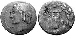SLG. J.-P. RIGHETTI, TEIL II LYKIEN LYKISCHER BUND. No.: 377 Schätzpreis/Estimate: CHF 120,- Xanthos und Kragos. Bronze, Doppelstück, 23-19. L-U Apollonkopf mit Lorbeerkranz n. l., das Haar in Zapfenl
