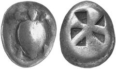 GRIECHISCHE MüNZEN AIGINA AIGINA No.: 640 Schätzpreis/Estimate: CHF 300,- Stater, 550-500. Seeschildkröte. Rv. Quadratum incusum mit fünf vertieften Dreiecken. 11,68 g. Asyut 541. Hohes Relief. Getönt