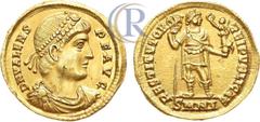 Ancient and Islamic coins Roman Imperial. Valens. AV Solidus. AD 364-378. Gold. 4,46g. Nicomedia. Av: "DN VALENS PF AVG". Emperor's diadem with pearls, dr. and cuirassed bust right. Rv: "RESTITVTOR RE