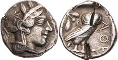 GRIECHISCHE MÜNZEN ATTIKA ATHEN AR-Tetradrachme 420-405 v. Chr. Vs.: Kopf der Athena mit Helm und Lorbeer n. r., Rs.: Eule steht n. r., Kopf v. v., links oben Ölzweig neben Mondsichel, alles in quadra