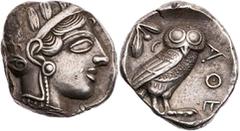 GRIECHISCHE MÜNZEN ATTIKA ATHEN AR-Tetradrachme 420-405 v. Chr. Vs.: Kopf der Athena mit Helm und Lorbeer n. r., Rs.: Eule steht n. r., Kopf v. v., links oben Ölzweig neben Mondsichel, alles in quadra