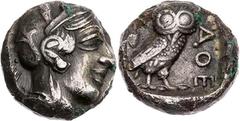 GRIECHISCHE MÜNZEN ATTIKA ATHEN AR-Drachme (subärat) 406/5 v. Chr. Notemission während des Peloponnesischen Krieges Vs.: Kopf der Athena mit Helm und Lorbeer n. r., Rs.: Eule steht n. r., Kopf v. v., 