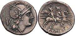 RÖMISCHE MÜNZEN RÖMISCHE REPUBLIK Anonym, 211-208 v. Chr. AR-Quinar unsichere Mzst. Vs.: Kopf der Roma mit geflügeltem Helm n. r., dahinter V, Rs.: Dioskuren reiten mit angelegten Lanzen n. r., im Abs