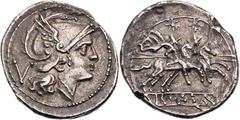 RÖMISCHE MÜNZEN RÖMISCHE REPUBLIK Anonym, 211-208 v. Chr. AR-Quinar Rom Vs.: Kopf der Roma mit geflügeltem Helm n. r., dahinter V, Rs.: Dioskuren reiten mit angelegten Lanzen n. r., darüber zwei Stern
