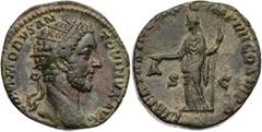 RÖMISCHE MÜNZEN RÖMISCHE KAISERZEIT Commodus, 177-192 n. Chr. AE-Dupondius 181 n. Chr. Rom Vs.: [M] COMMODVS AN-TONINVS AVG, Kopf mit Strahlenkrone n. r., Rs.: LIBERTAS AVG [T]R P [VI] IMP IIII COS II