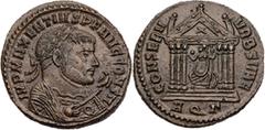 RÖMISCHE MÜNZEN RÖMISCHE KAISERZEIT Maxentius, 306-312 n. Chr. AE-Follis 308-309 n. Chr. Aquileia, 3. Offizin Vs.: IMP MAXENTIVS P F AVG CONS II, Büste in Trabea mit Adlerszepter und Lorbeerkranz n. r