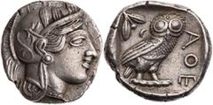 GRIECHISCHE MÜNZEN ATTIKA ATHEN AR-Tetradrachme 420-404 v. Chr. Vs.: Kopf der Athena mit Helm und Lorbeer n. r., Rs.: Eule steht n. r., Kopf v. v., links oben Ölzweig neben Mondsichel, alles in quadra