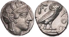 GRIECHISCHE MÜNZEN ATTIKA ATHEN AR-Tetradrachme 420-404 v. Chr. Vs.: Kopf der Athena mit Helm und Lorbeer n. r., Rs.: Eule steht n. r., Kopf v. v., links oben Ölzweig neben Mondsichel, alles in quadra