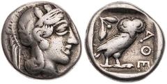 GRIECHISCHE MÜNZEN ATTIKA ATHEN AR-Drachme 420-404 v. Chr. Vs.: Kopf der Athena mit Helm und Lorbeer n. r., Rs.: Eule steht n. r., Kopf v. v., links oben Ölzweig, alles in quadratum incusum Flament, g