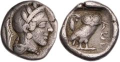 GRIECHISCHE MÜNZEN ATTIKA ATHEN AR-Drachme 420-404 v. Chr. Vs.: Kopf der Athena mit Helm und Lorbeer n. r., Rs.: Eule steht n. r., Kopf v. v., links oben Ölzweig, alles in quadratum incusum Flament, g