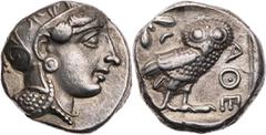 GRIECHISCHE MÜNZEN ATTIKA ATHEN AR-Tetradrachme 400/390-353 v. Chr. Vs.: Kopf der Athena mit Helm und Lorbeer n. r., Rs.: Eule steht n. r., Kopf v. v., links oben Ölzweig neben Mondsichel, alles in qu