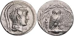 GRIECHISCHE MÜNZEN ATTIKA ATHEN AR-Tetradrachme 135/134 v. Chr., 7. Monat Mened(...), Epigeno(...) und Nikog(...), Vs.: Kopf der Athena Parthenos mit dreibuschigem Helm n. r., Rs.: Eule steht auf lieg
