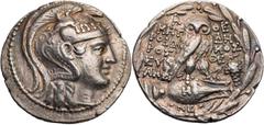 GRIECHISCHE MÜNZEN ATTIKA ATHEN AR-Tetradrachme 115/114 v. Chr., 7. Monat Metrodoros, Demosthen(...) und Eukles, Vs.: Kopf der Athena Parthenos mit dreibuschigem Helm n. r., Rs.: Eule steht auf liegen