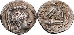 GRIECHISCHE MÜNZEN ATTIKA ATHEN AR-Tetradrachme 110/109 v. Chr., 2. Monat Euboulides, Agathokles und Lysip(...), Vs.: Kopf der Athena Parthenos mit dreibuschigem Helm n. r., Rs.: Eule steht auf liegen