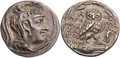 GRIECHISCHE MÜNZEN ATTIKA ATHEN AR-Tetradrachme 95/94 v. Chr., 6. Monat Aropos, Mnasagoras und Phili(...), Vs.: Kopf der Athena Parthenos mit dreibuschigem Helm n. r., Rs.: Eule steht auf liegender Am