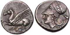GRIECHISCHE MÜNZEN KORINTHIA KORINTH AR-Stater 345-307 v. Chr. Vs.: Pegasos fliegt n. l., darunter Koppa, Rs.: Kopf der Athena mit korinthischem Helm n. l., rechts Wildschwein n. l., [in den Feldern A