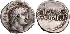 RÖMISCHE MÜNZEN IMPERATORISCHE PRÄGUNGEN Marcus Antonius, gest. 30 v. Chr. AR-Denar 32 v. Chr. Athen Vs.: ANTON·AVG·IMP III COS DES III V R [P C], Kopf n. r., Rs.: ANTONIVS / AVG·IMP·III in Perlkreis 