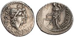 Mn. Cordius Rufus, Denar, 46, Rom (oder Athen), Vs.: Köpfe der Dioskuren n. r., dahinter RVFVS III VIR, Rs.: Venus steht n. l., hält Waage und Stab, auf der Schulter Cupido, dahinter MN CORDIVS, Alber
