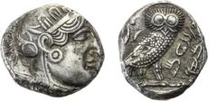 Attika, Athen, Imitation, Ägypten, Artaxerxes III. Ochus, 343–338 v. Chr., Tetradrachme, Vs.: Kopf der Athena mit attischem Helm n. r., Rs.: Eule n. r., links Ölzweig und Mondsichel, rechts demotische