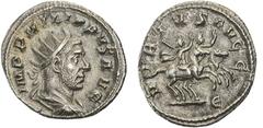 Philippus I. Arabs, 244–249, Antoninian, Rom, 248, Vs.: drapierte Büste mit Strahlenkrone n. r., Rs.: Philippus I. und Philippus II. reiten n. r., RIC 10, 3,73 g, III