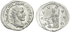 Philippus I. Arabs, 244–249, Antoninian, Rom, 244–247, Vs.: drapierte Büste mit Strahlenkrone n. r., Rs.: Salus steht n. l. und füttert Schlange an Altar, Coh. 205, RIC 47, 4,23 g, II