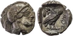Attika, Athen, Tetradrachme, 420/405 v. Chr., Vs.: Kopf der Athena mit attischem Helm n. r., Rs.: ΑΘΕ, Eule n. r., Kopf v. v., links Olivenzweig über Mondsichel, SNG Cop. 32 ff., Svoronos Taf. 12–16, 