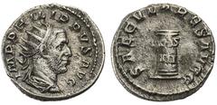 Philippus I. Arabs, 244-249, Antoninian, Rom, 248, Vs.: IMP PHILIPPVS AVG, drapierte Büste mit Strahlenkrone n. r., Rs.: SAECVLARES AVGG, Säule, beschriftet mit COS III, RIC 24c, 4,30g, IV