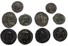 Spätantike, LOT, 5 Stück, 1) Diocletian, Follis, Antiochia, Rs. Genius, 2) Diocletian, Antoninian, Heraclea, Rs. Kaiser und Jupiter, 3) Maximian, Antoninian, Antiochia, Rs. Jupiter und Hercules, 4) Ga
