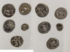 Lot, 5 griechische AR-Münzen: Thrakien, Byzantion, Hemidrachme Thrakien, Cersonesos, Hemidrachme Thrakien, Thasos, Diobol Thrakien, Thasos, Hemiobol Makedonien, Eion, Diobol (gelocht) 5 Stück ss