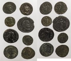 8 spätantike Antoniniane und Folles: Diocletian, Antoninian, RIC 161 Maximianus Herculius, Antoninian, RIC 402 Helena, Follis, RIC 465 (Trier) Galerius, Follis, RIC 32 b (Karthago) Maximinus II. Daia,