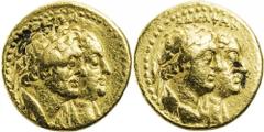 ÄGYPTEN, KÖNIGREICH DER PTOLEMÄER Ptolemaios II. Philadelphos, 285-246 v. Chr. AV-Pentekontadrachme nach 261/60 v. Chr. Alexandria Vs.: drapierte Büsten des Ptolemaios I. Soter mit Diadem und der Bere
