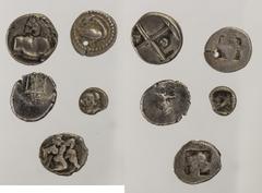 Lot, griechische Münzen AR-Münzen: Thrakien, Byzantion, Hemidrachme Thrakien, Cersonesos, Hemidrachme Thrakien, Thasos, Diobol Thrakien, Thasos, Hemiobol Makedonien, Eion, Diobol (gelocht) 5 Stück ss