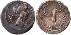 Part 2: RÖMISCHE MÜNZEN IMPERATORISCHE PRÄGUNGEN P. Sepullius Macer und C. Iulius Caesar, 44 v. Chr. AR-Denar Rom Vs.: CAESAR IMP, Kopf des Caesar mit Lorbeerkranz n. r., dahinter sechstrahliger Stern