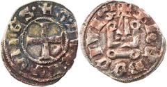 KREUZFAHRER ATHEN Guillaume I. / Guy II. de la Roche, 1280-1287-1308. Billon-Denier Tournois Theben Vs.: + . G . DVX ATENES . Fußkreuz im Perlkreis, Rs.: + Keil ThEBE CIVIS I, Kastell Metcalf, Latin E