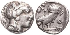 Part 2: GRIECHISCHE MÜNZEN ATTIKA ATHEN AR-Tetradrachme um 400-350 v. Chr. levantinischer Beischlag Vs.: Kopf der Athena mit Helm und Lorbeer n. r., Rs.: Eule steht n. r., Kopf v. v., links oben Ölzwe