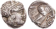 Part 2: GRIECHISCHE MÜNZEN ATTIKA ATHEN AR-Tetradrachme um 240 v. Chr. Vs.: Kopf der Athena mit Helm und Lorbeer n. r., Rs.: Eule steht n. r., Kopf v. v., links oben Ölzweig und Mondsichel Flament 127