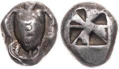 Part 2: GRIECHISCHE MÜNZEN AEGINA AEGINA AR-Stater um 550-500 v. Chr. Vs.: Seeschildkröte, Rs.: windmühlenförmiges Incusum SNG Cop. 501; Kraay, ACGC 116; Bloesch, Winterthur 2028; SNG München 532. 12.