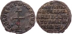 Part 2: BYZANTINISCHE MÜNZEN BYZANZ Ephimianos Matzaris, epi tu manglabiu, 870-900 Bleisiegel Vs.: Legende um Stufenkreuz, Rs.: fünf Zeilen Schrift wohl unpubliziert. 12.31 g. von größter Seltenheit v