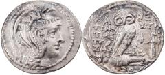 GRIECHISCHE MÜNZEN ATTIKA ATHEN AR-Tetradrachme 102 v. Chr., im 2. Monat (Metageitnion = August/September) Magistrate Timostratos, Poses, Dion und So(...), Vs.: Kopf der Athena Parthenos mit dreibusch