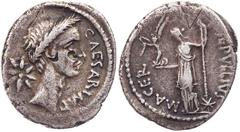 RÖMISCHE MÜNZEN IMPERATORISCHE PRÄGUNGEN P. Sepullius Macer für C. Iulius Caesar, 44 v. Chr. AR-Denar Rom Vs.: CAESAR IMP, Kopf des Caesar mit Lorbeerkranz n. r., dahinter achtstrahliger Stern, Rs.: P