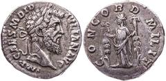 RÖMISCHE MÜNZEN RÖMISCHE KAISERZEIT Didius Iulianus, 193 n. Chr. AR-Denar Rom Vs.: IMP CAES M DID IVLIAN AVG, Kopf mit Lorbeerkranz n. r., Rs.: CONCORD MILIT, Concordia steht mit Legionsadler und Stan