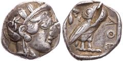 GRIECHISCHE MÜNZEN ATTIKA ATHEN AR-Tetradrachme 454-404 v. Chr. Vs.: Kopf der Athena mit Helm und Lorbeer n. r., Rs.: Eule steht n. r., Kopf v. v., links Ölzweig neben Mondsichel Kroll 8. 17.15 g. Prü
