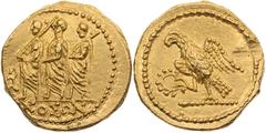 GRIECHISCHE MÜNZEN DAKIEN KÖNIGREICH DER GETO-DAKER Koson, gest. 29 v. Chr. AV-Stater Mitte 1. Jh. v. Chr. Vs.: Magistrat schreitet zwischen zwei Adjutanten n. l., links Monogramm, Rs.: Adler steht mi