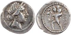 RÖMISCHE MÜNZEN IMPERATORISCHE PRÄGUNGEN C. Iulius Caesar, gest. 44 v. Chr. AR-Denar 47/46 v. Chr. Mzst. in Kleinasien Vs.: Kopf der Venus mit Diadem n. r., Rs.: CAESAR, Aeneas läuft n. l. und trägt s