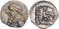 GRIECHISCHE MÜNZEN PARTHER, KÖNIGREICH DER ARSAKIDEN Mithradates II., 123-88 v. Chr. AR-Drachme Rhagai Vs.: Büste in Ornat mit Diadem n. l., Rs.: 5-zeilige Beischrift, Arsakes sitzt mit Bogen n. r. Se