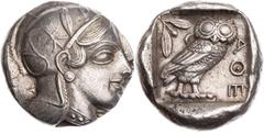 GRIECHISCHE MÜNZEN ATTIKA ATHEN AR-Tetradrachme 454-404 v. Chr. Vs.: Kopf der Athena mit Helm und Lorbeer n. r., Rs.: Eule steht n. r., Kopf v. v., links Ölzweig neben Mondsichel, alles in quadratum i