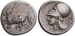 GRIECHISCHE MÜNZEN KORINTHIA KORINTH AR-Stater 375-300 v. Chr. Vs.: Pegasos fliegt n. l., darunter Koppa, Rs.: Kopf der Athena mit korinthischem Helm n. l., unter dem Kinn Gamma, rechts Taube in Kranz