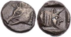 GRIECHISCHE MÜNZEN LYKIEN LYKISCHE DYNASTEN Unbestimmer Dynast. AR-Obol (persischer Standard) 500-480 v. Chr. Vs.: Eberkopf n. l., Rs.: androkephaler Stierkopf n. r., in quadratum incusum SNG v. Auloc